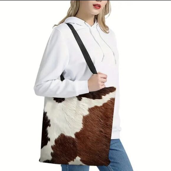 Cow Print Tote Bag with Black Handles Lightweight Shopping Bag - Picture 11 of 13